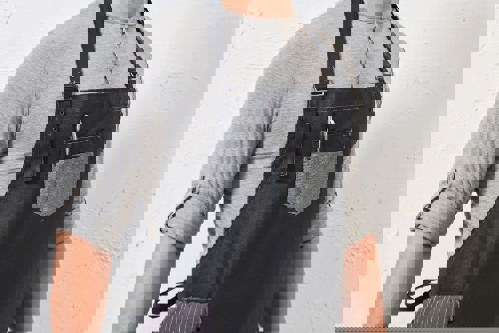 PR136 - Division - Waxed look denim bib apron with faux leather